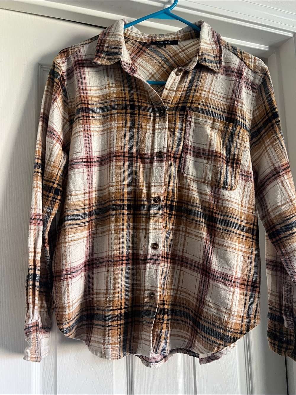 Love Tree Plaid Button-Down Shirt in Cream, Brown & Black with Rust Accents